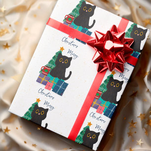 Papel De Presente Arte de Café de Gato Preto Fofo Natal Festivo