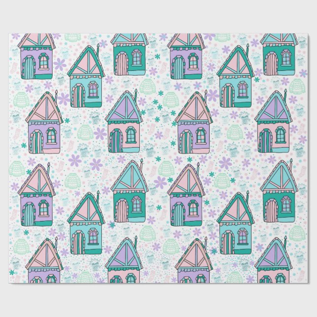Papel De Presente Arte de Casas de Inverno – Design de Vila Nevada A (Aberto)