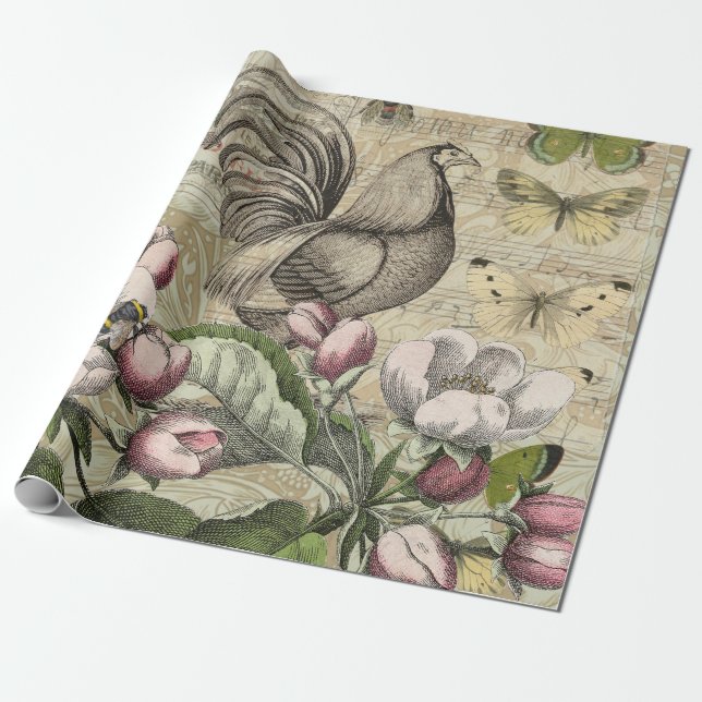 Papel De Presente Arte de Colagem de Jardim com Galo Vintage: País F (Desenrolado)