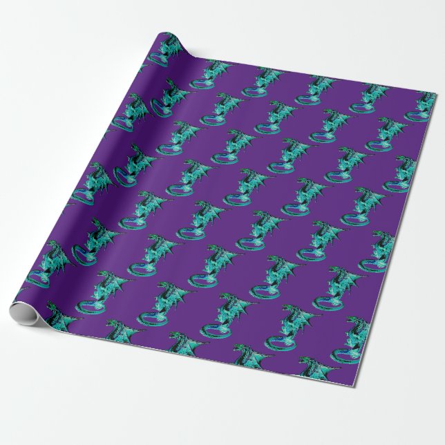 Papel De Presente Arte de Dragão Azul Fantasia com Fundo Roxo (Desenrolado)