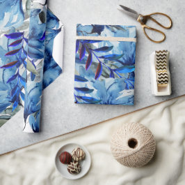 Papel De Presente Arte de Flores Abstratas em Aquarela Azul Moderna