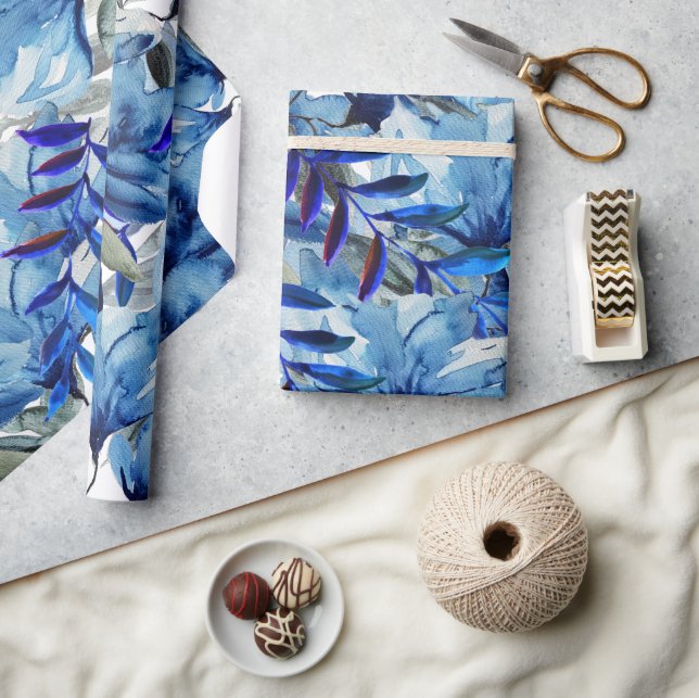 Papel De Presente Arte de Flores Abstratas em Aquarela Azul Moderna (Artesanato)