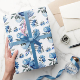 Papel De Presente Arte de Flores Abstratas em Aquarela Azul Moderna