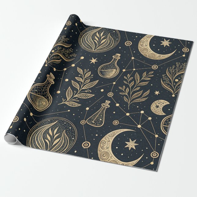 Papel De Presente Arte de Linha Dourada Celestial - Fases da Lua e P (Desenrolado)