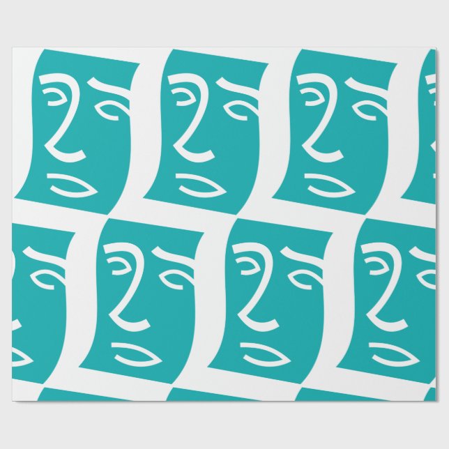 Papel De Presente Arte de Linha Facial Abstrata Moderna Verde Azul (Aberto)