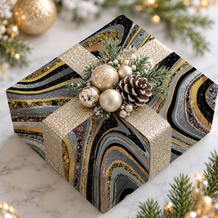 Papel De Presente Arte de Mármore Brilho Dourado Cinza Chic