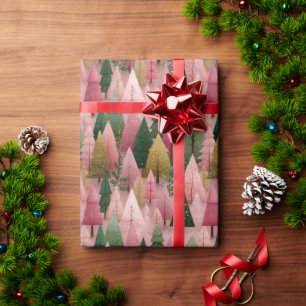 Papel De Presente Arte de Natal Rosa com Ramos Dourados