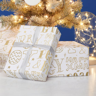 Papel De Presente Arte de Palavras de Natal em Folha de Ouro e Branc