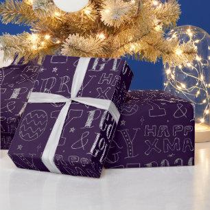 Papel De Presente Arte de Palavras de Natal em Folha de Prata e Roxo