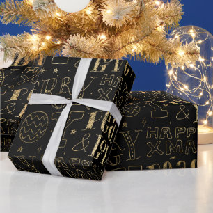 Papel De Presente Arte de Palavras de Natal em Folha Dourada e Preto