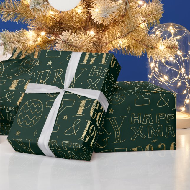 Papel De Presente Arte de Palavras de Natal em Folha Dourada e Verde (Feriados)
