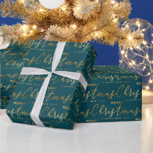 Papel De Presente Arte de Palavras Feliz Natal em Dourado e Azul Tur