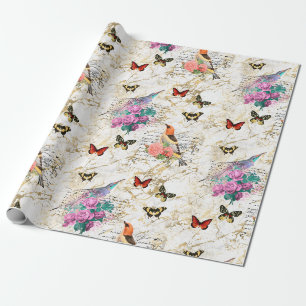 Papel De Presente Arte de pássaros vintage, flores, borboletas, cart