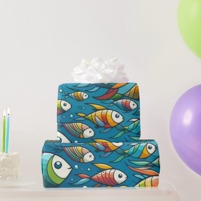 Papel De Presente Arte de peixe submarino colorida (Presentes para festas)