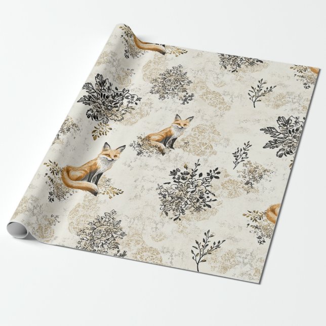 Papel De Presente Arte de Raposa Botânica Preta e Dourada de Luxo (Desenrolado)