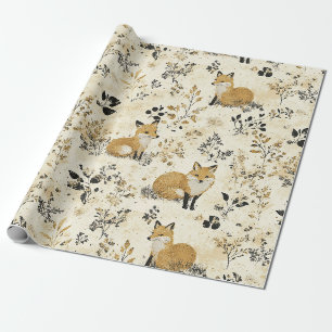 Papel De Presente Arte de Raposa Botânica Preta e Dourada de Luxo (4
