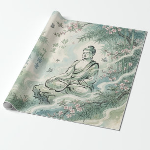 Papel De Presente Arte de Tinta Bambu do Buda Meditando