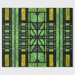 Papel De Presente Arte de Vidro Colorido Art Déco em Verde e Dourado