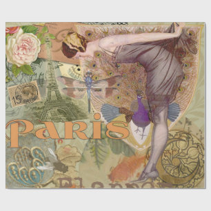 Papel De Presente Arte Deco Colagem de Pavão Flapper Paris Antigo