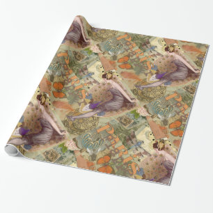 Papel De Presente Arte Deco Pavão Colagem Flapper Paris Antigo