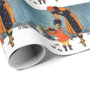 Papel De Presente Arte Deco Vintage de Inverno Mãe e Filho na Neve