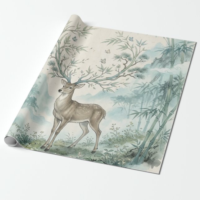 Papel De Presente Arte em Aquarela da Floresta de Cervos Místicos (Desenrolado)