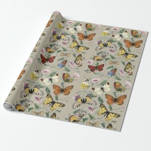 Papel De Presente Arte Floral Botânica de Mariposa Borboleta Vintage