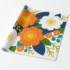 Papel De Presente Arte Floral Colorido com Flores de Laranja e Branc