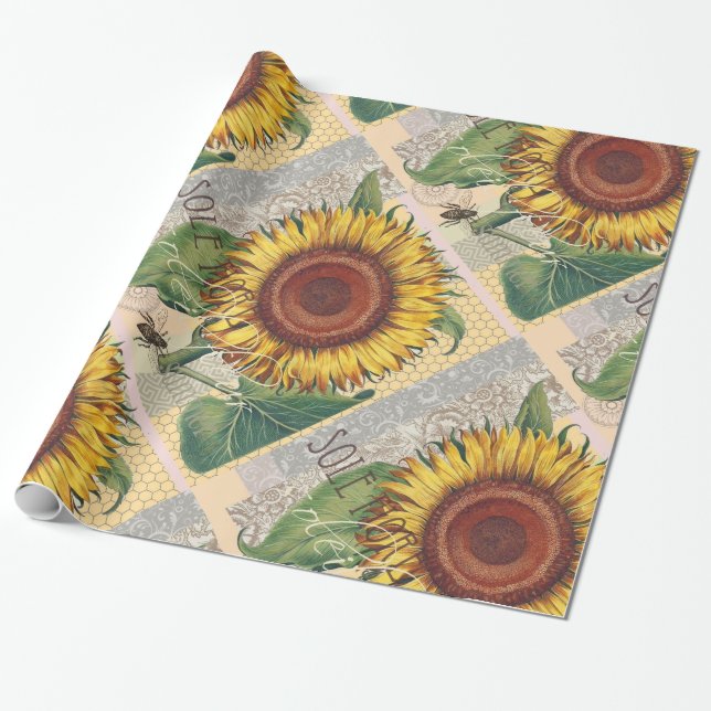 Papel De Presente Arte Floral de Girassol Vintage Damask (Desenrolado)