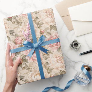 Papel De Presente Arte Floral de Jardim de Peônia Neutro Luxuoso
