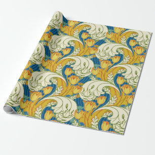 Papel De Presente Arte Floral de Tulipas em Azul Turquesa e Dourado 