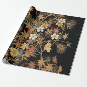 Papel De Presente Arte Floral Outonal em Preto e Dourado Japonês Vin