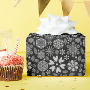 Papel De Presente Arte Floral Retro Preto e Cinza Padrão Sem Costura