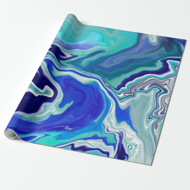 Papel De Presente Arte Fluida Real Azul e Branco Marble Waves (Desenrolado)