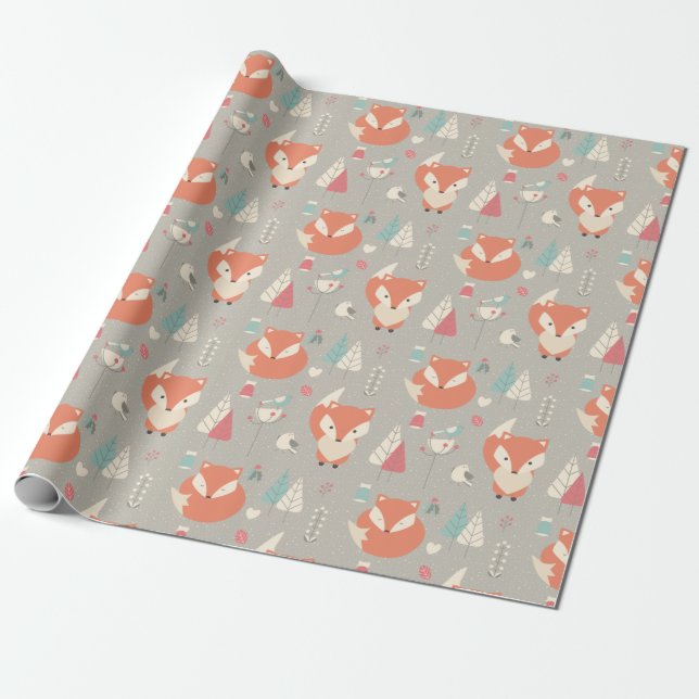 Papel De Presente Arte Folclórica Escandinava Raposa Vermelha Flores (Desenrolado)