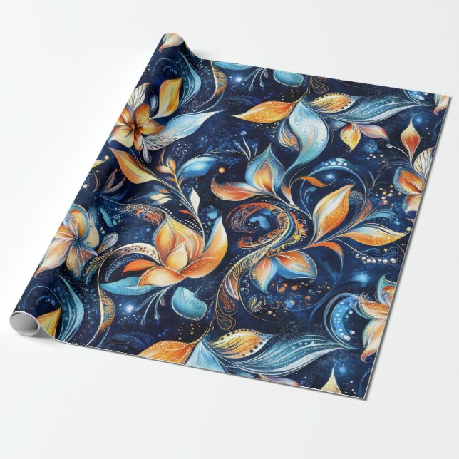 Papel De Presente Arte Folclórica Eslava em Azul Marinho com Floral  (Desenrolado)