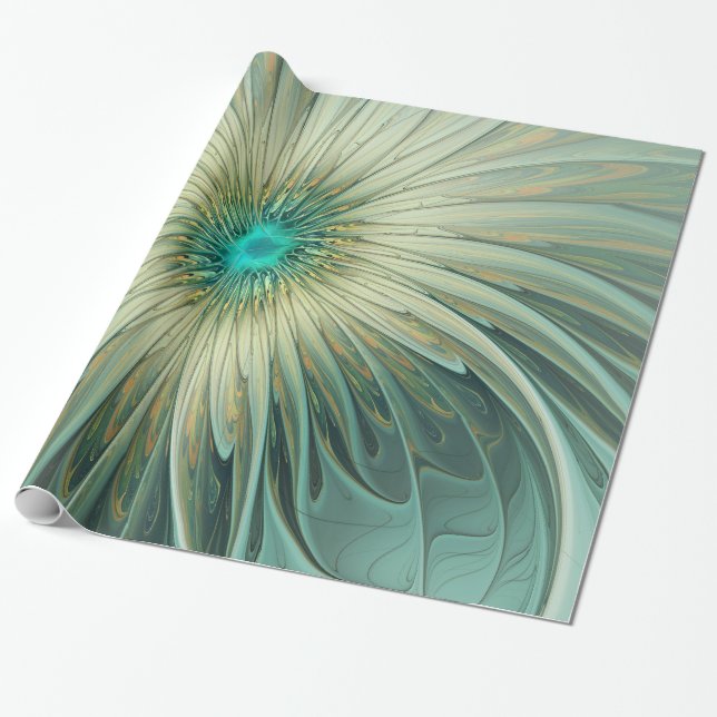 Papel De Presente Arte fractal de flor de fantasia em verde salgueir (Desenrolado)