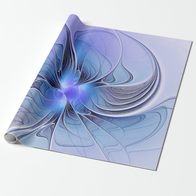Papel De Presente Arte fractal moderna abstrata azul lavanda (Desenrolado)
