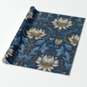 Papel De Presente Arte Nova Azul Rústico Floral Dourado Ousado Vinta