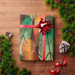 Papel De Presente Arte-Padrão de Penas com Pássaros Coloridas por