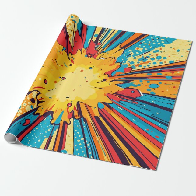 Papel De Presente Arte Pop de Explosão Amarela de Quadrinhos Retrô (Desenrolado)