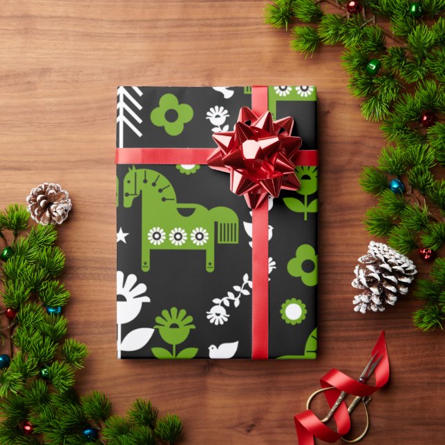 Papel De Presente Arte popular sobre cavalos escandinavos (Presente de Natal)