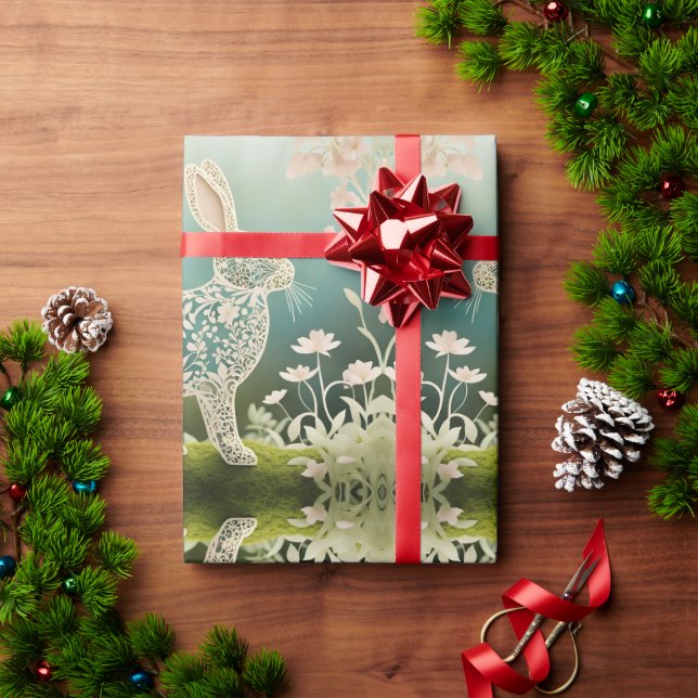 Papel De Presente Arte Primavera do Coelho Floral Branco (Presente de Natal)