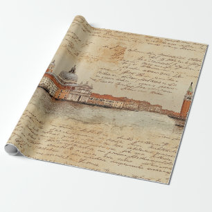 Papel De Presente Arte Romântica Vintage de Veneza com Caligrafia