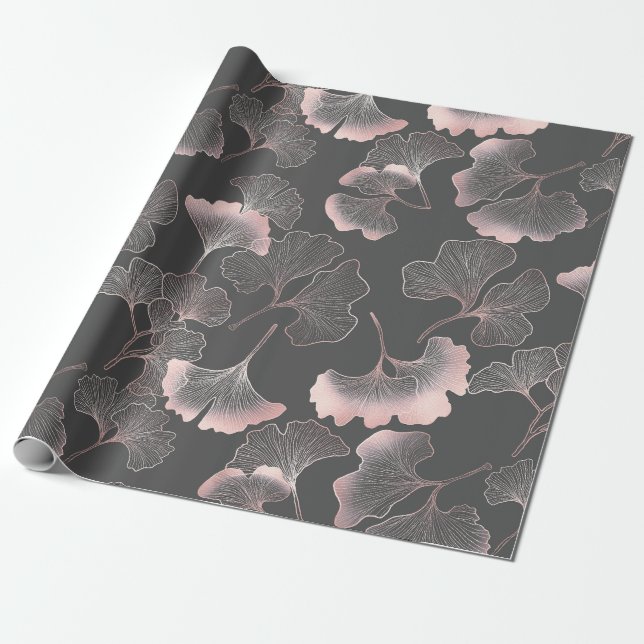 Papel De Presente Arte Sofisticada de Ginkgo em Linha Rosa sobre Tel (Desenrolado)