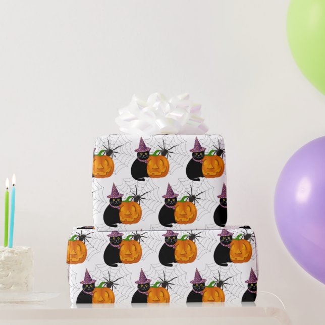 Papel De Presente Artesanato de Gato Preto e Abóbora de Halloween  (Presentes para festas)