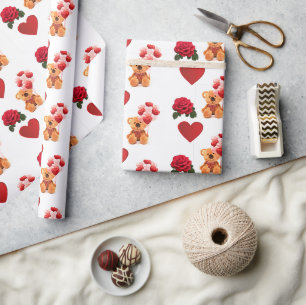 Papel De Presente Artesanato de Ursinho com Corações Vermelhos do Di