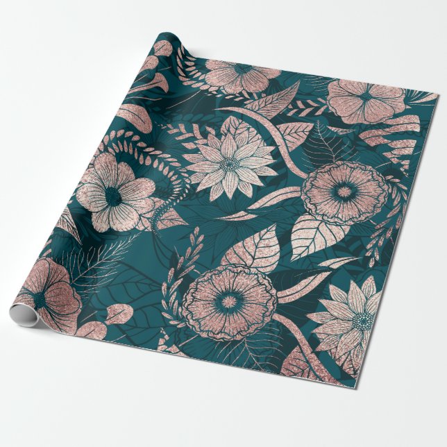 Papel De Presente Artsy Modern Rosa Dourada Flores Verde Emerald (Desenrolado)