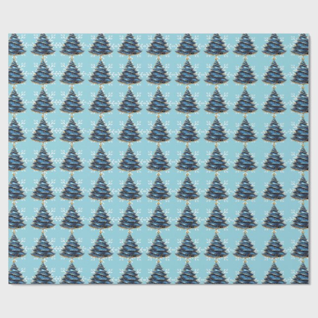 Papel De Presente Árvore Artística de Natal Azul Dourado Flocos de N (Aberto)