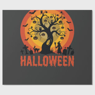 Papel De Presente Árvore Assombrada de Halloween Bruxa e Gatos Preto